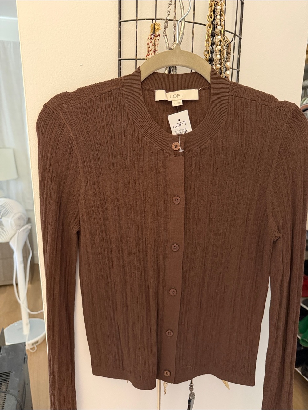 LOFT Chocolate Brown Ribbed Button-Front Cardigan
